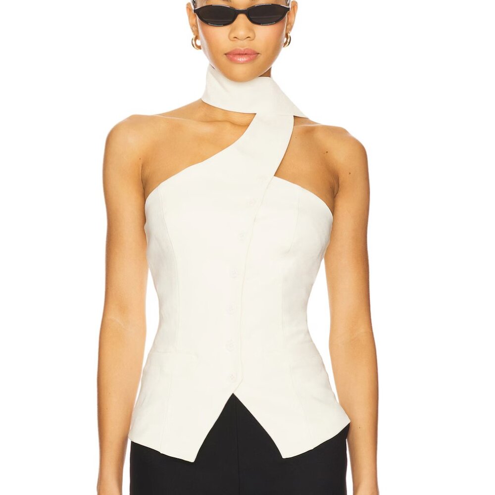 Asymmetric One-Shoulder Cream Tank Top with Neck Wrap - All The Ways